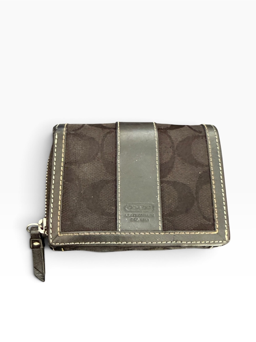 Coach Dark Brown Signature Zip Around Wallet with Contrast Trim